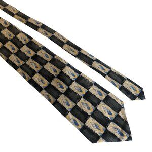John Blair Mens Silk Necktie Vintage Classic Geometric Black Yellow Blue Office